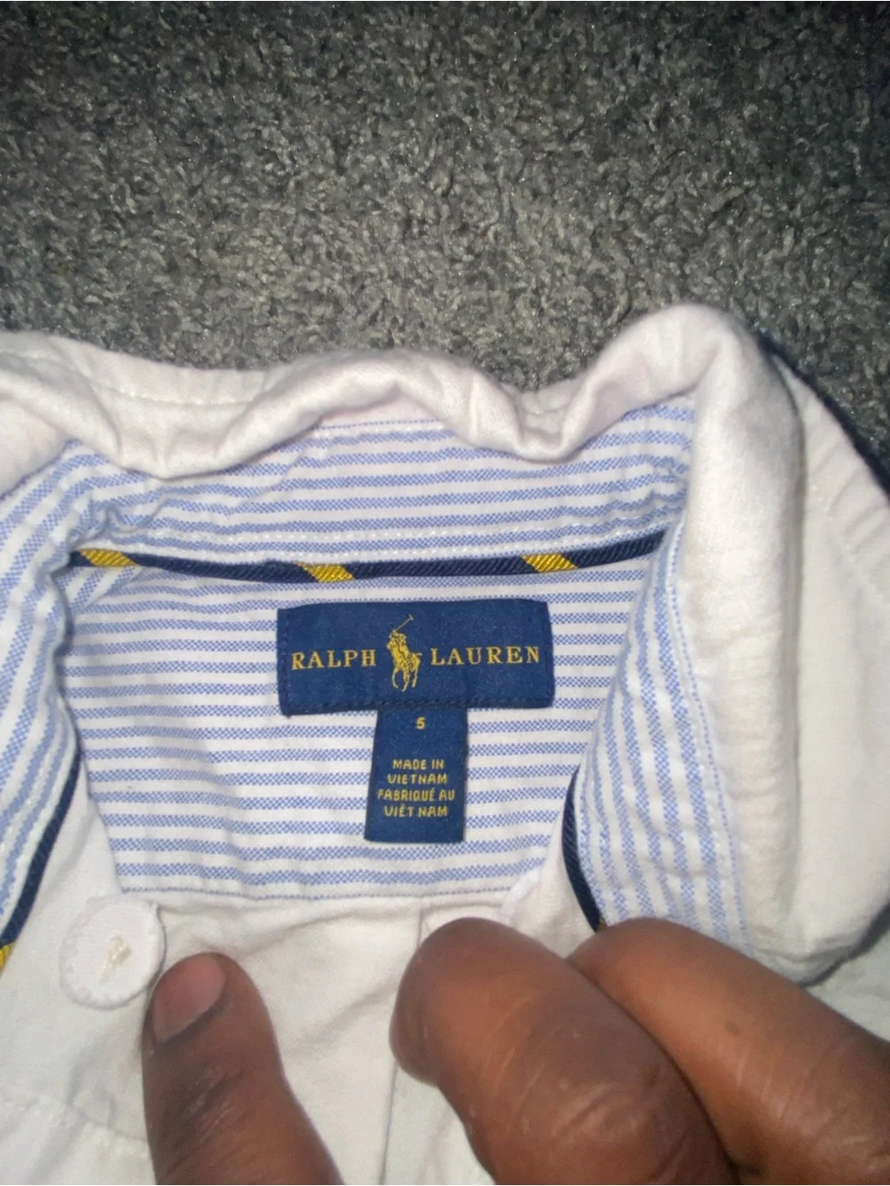 Ralph Lauren White Button-Up Shirt with Blue Stripe Trim